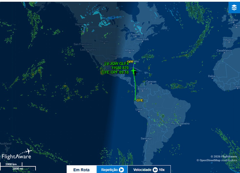 1 de 7 Rota do voo que leva o senador Flávio Bolsonaro e sua família para os Estados Unidos, em 28 de outubro de 2026. — Foto: Reprodução/ Flight Radar