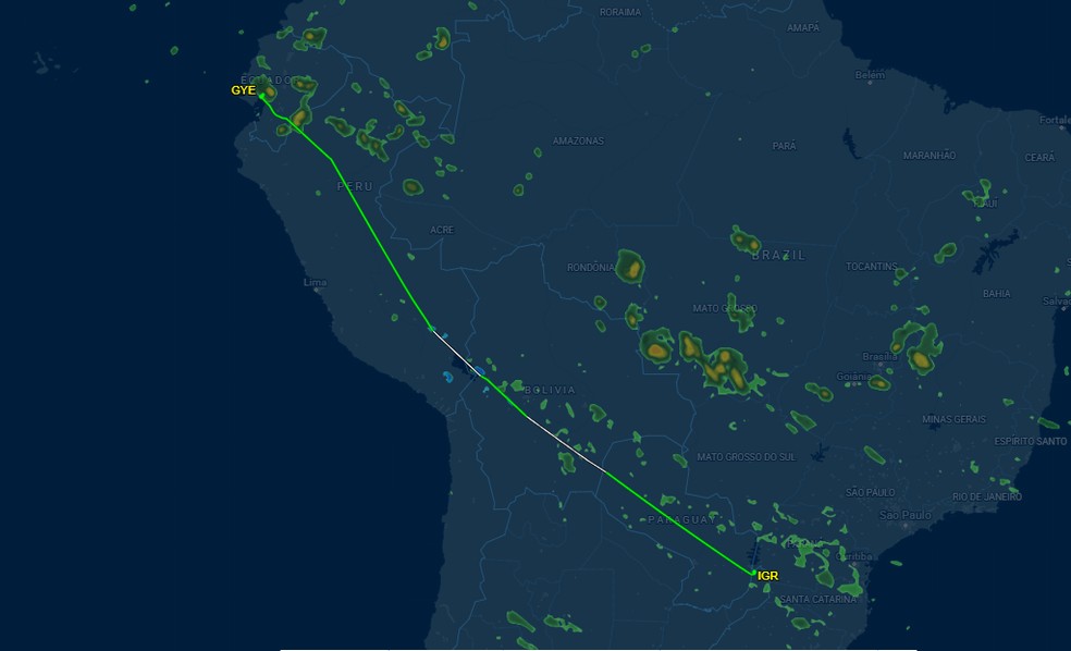 2 de 7 Rota de voo com Flávio Bolsonaro (PL) e família da Argentina ao Equador, em 27 de outubro de 2026. — Foto: Reprodução/ Flight Radar